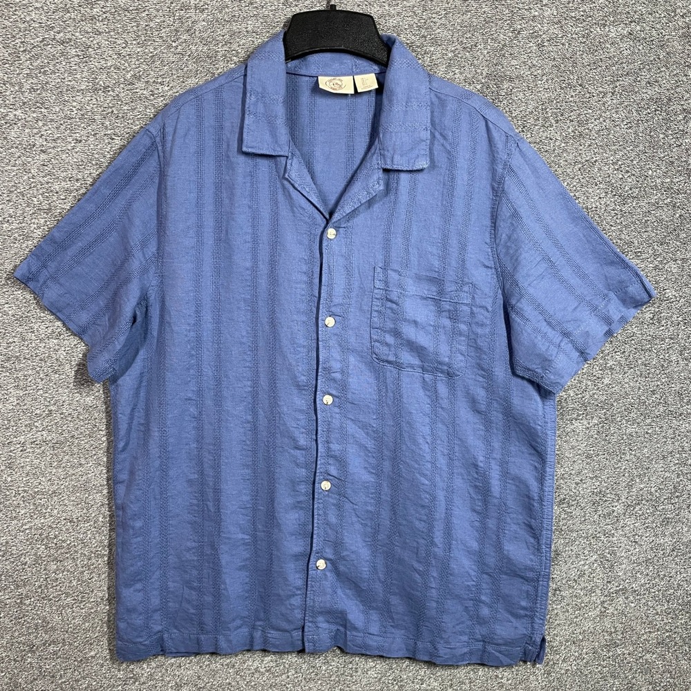 Panama Jack Linen Shirt Mens L Blue Linen Blend Textured‎ Stripe Camp Collar